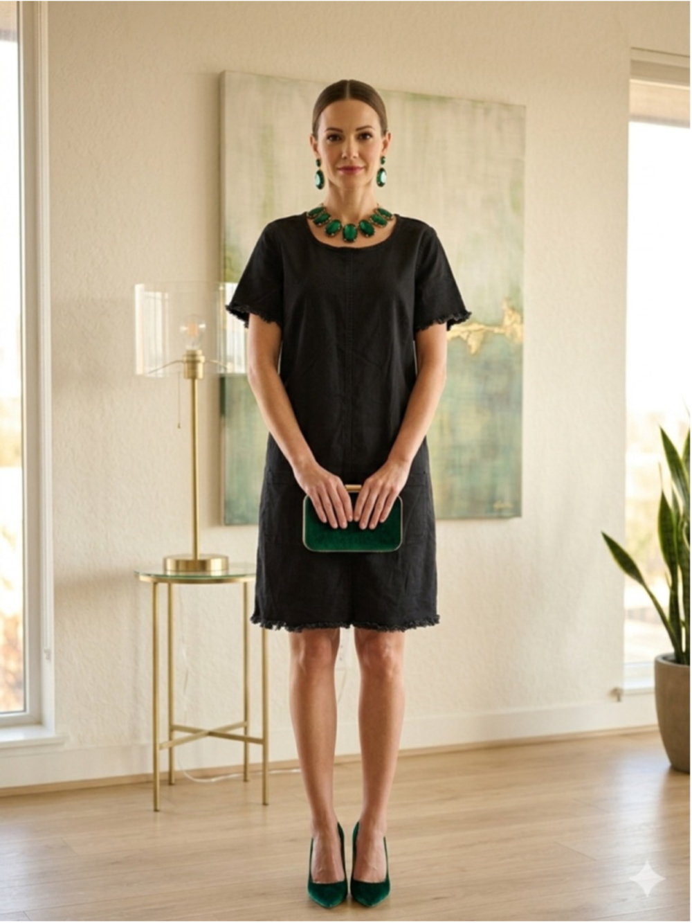 Two by Vince Camuto Black Denim Shift Dress Raw Hem Pockets Size Large L Distres
